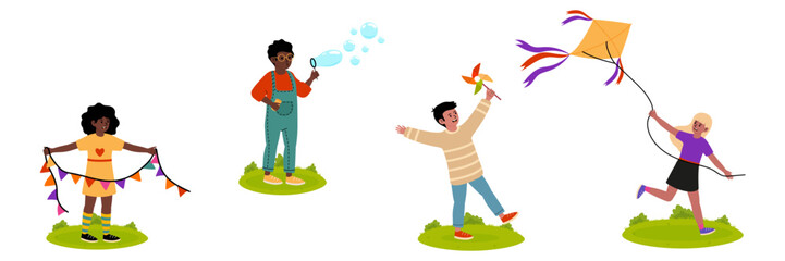 Children enjoying a sunny afternoon playing with kites and bubbles in a park