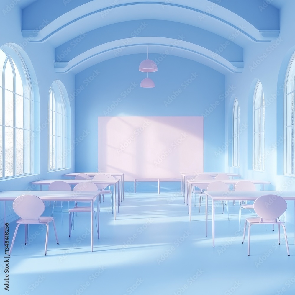 Aufkleber Pastel Dream: An Empty Classroom Bathed in Light with Arched Windows and Rows of Desks and Chairs