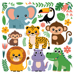 Naklejka premium Cartoon illustration of African animals, including an elephant, lion, leopard, monkey, hippo, crocodile and toucan, surrounded by tropical leaves and flowers.