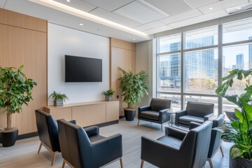 Modern office waiting area with city view