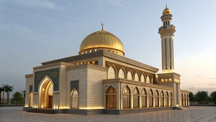 A stunning architectural rendering showcases a magnificent mosque bathed in the warm glow of daylight