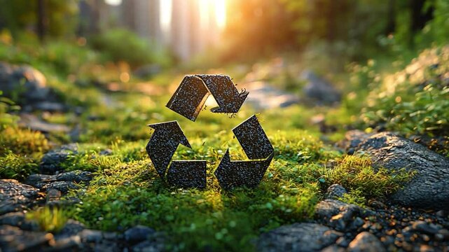 Serene green landscape showcasing eco friendly recycling symbol amidst lush nature and sunlight, promoting environmental