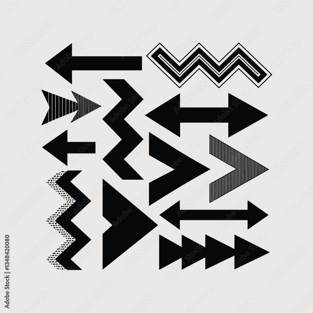 Poster abstract composition of directional and zigzag shapes with textured fills, black and white design, m