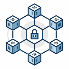 A digital illustration depicting a secure blockchain network with interconnected blocks and a central padlock symbolizing security.
