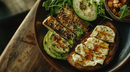 Delicious Avocado and Halloumi Toast with Roasted Potatoes on a Wooden Table