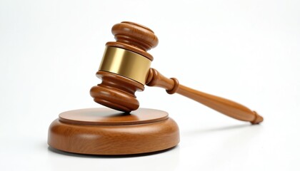 Wooden gavel on sound block isolated white background. Judge hammer, symbol of law, justice, authority, judgment. Legal, courtroom, judicial system, decision making concept. Close-up of legal action.