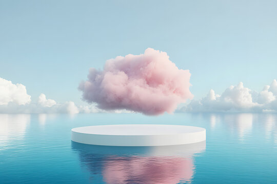 A white circular display stand under the dreamy pink clouds