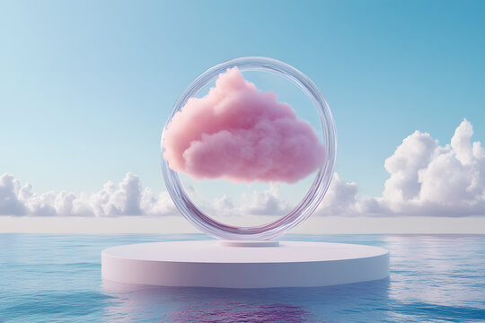 The dreamy pink clouds supported by the circular platform on the sea surface
