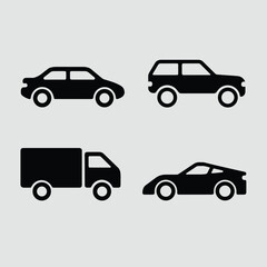 Fototapeta premium Various vehicle type icons depicted include a sedan, truck, SUV, and sportscar. All are drawn in black, vector-style, against a light gray background.