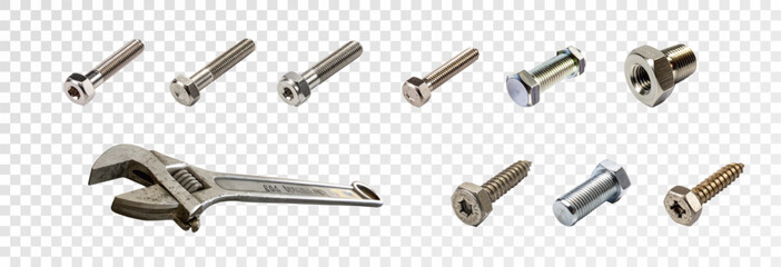 Metal bolts and nuts, nails and screws, wrenches isolated on transparent background, vector png. Realistic 3D image.