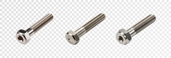 Metal bolts and nuts, nails and screws, wrenches isolated on transparent background, vector png. Realistic 3D image.