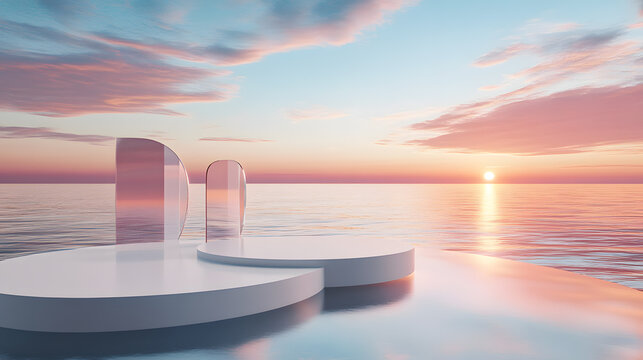 Minimalist product display stand with a sunset over the sea