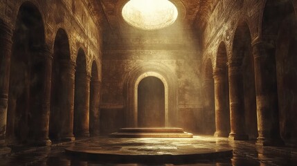Mysterious Ancient Hall with Columns and Light Shining Downward