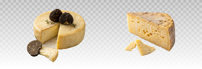 Realistic hard cheeses of different types, blue cheeses, cheeses with truffles. Sliced ​​pieces and slices of cheese appetite effect, vector png.	