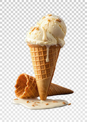 Realistic ice cream cone png vector featuring creamy chocolate ice cream with chocolate drizzle in a crunchy waffle cone. Great for food-related branding, menu designs, and dessert promotions.