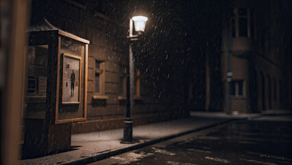 Mysterious urban street with flickering lamp, torn missing person poster on bulletin board, rain droplets, evoking sense of loss and intrigue in empty nighttime setting.