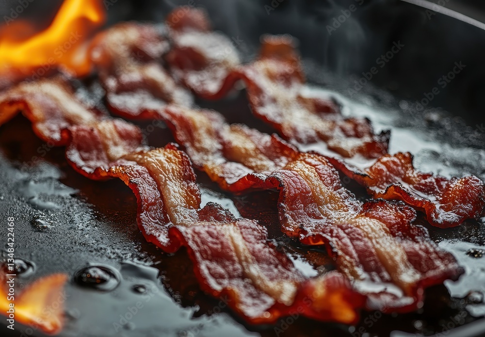 Poster crispy bacon strips frying in a pan with flames and smoke emanating from sizzling grease in a kitche