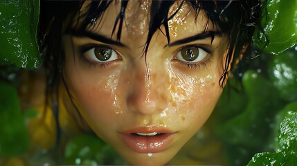 Woman, surrounded by green leaves, stares with wet skin, from below