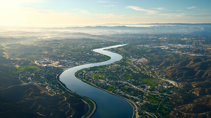Aerial View of River Flowing Through a City with Buildings Green Trees Under Daylight