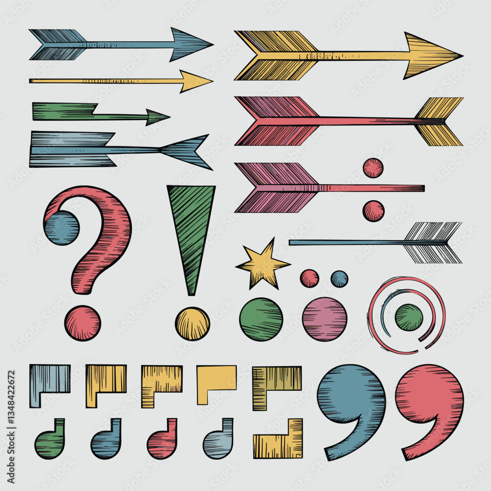 Aufkleber diverse sketched symbols and arrows assortment in vibrant colors and varying sizes against a plain b