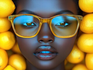 Woman surrounded by lemons, wearing yellow glasses and showing beautiful skin