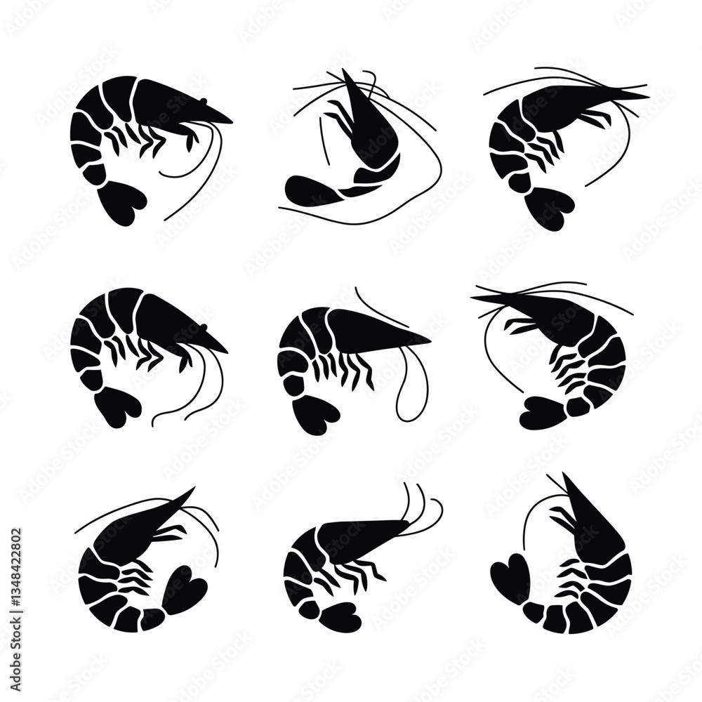 Poster silhouette of prawns in various styles arranged on a white background, perfect for menus or culinary