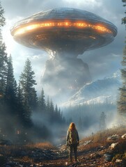 Woman walks through forest towards a massive, glowing, alien spacecraft