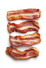Crispy Bacon Strips on White Background, Perfect for Breakfast, Cooking, Food Photography, Culinary Use, and Recipe Illustrations
