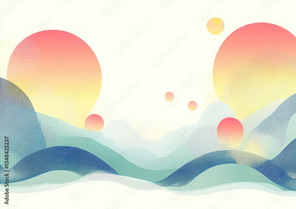 Poster green geometric pattern background frame with circles and wavy lines