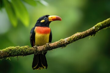 Fototapeta premium A toucan perched on a branch in a lush forest