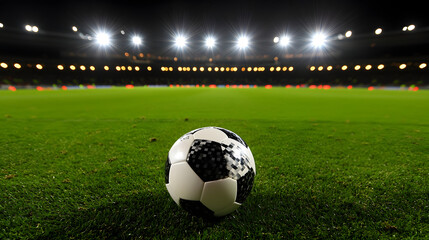 Soccer ball in a stadium with lights, a classic black and white ball under the bright stadium lights, ready for the game.
