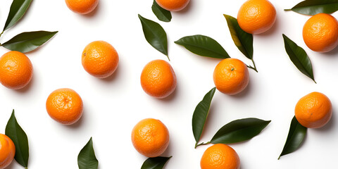 Bright oranges are scattered across a white surface, accompanied by fresh green leaves. The vibrant color and glossy texture of the fruit create an inviting and cheerful composition.