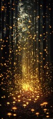A magical forest scene illuminated by glowing mushrooms and ethereal lights, creating a whimsical and enchanting atmosphere.