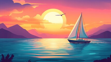 Fototapeta premium Serene Sunset Sailboat Scene Peaceful Ocean View Colorful Sky Tropical Island Escape Summer Vacation Idyllic Seascape
