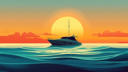 Naklejka premium Serene Sunset Yacht Scene Ocean View Summer Vacation Luxury Boat