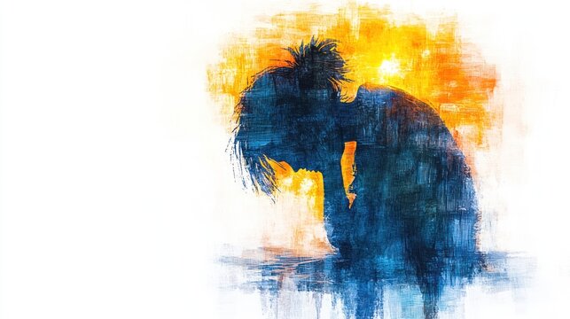 Pastel Watercolor Illustration of Desperate Crying Woman, Depression, Shattered Face, Violence Against Women Concept
