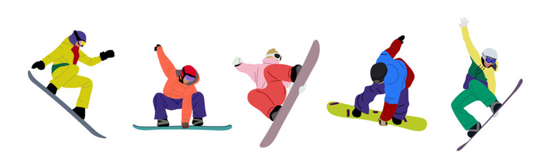 Fototapeta premium Set of Snowboarders jumping. Young man, woman wearing winter sport clothes riding snow board. Extreme winter sport. Outdoor holiday activity. Vector illustration isolated ontransparent background.