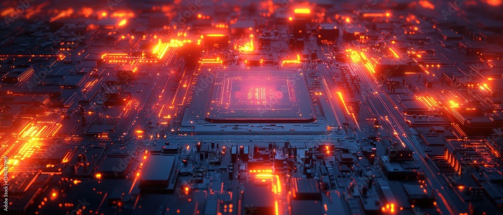Poster futuristic microprocessor illuminated with vibrant blue and orange lights in intricate circuitry