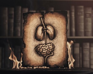 Preparation for medical school concepts. Burning illustration of human organs on old paper with blurred library background.