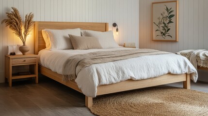 Bedroom interior with wooden bed and natural elements