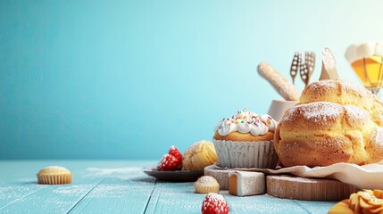 Delicious Pastries and Cupcake Arrangement with Powdered Sugar on Blue Surface