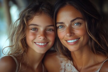 Fototapeta premium Happy mother and daughter hugging together in summer outdoor setting family love moments