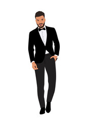 Handsome man wearing tuxedo and bow tie, luxury evening outfit for Christmas, New Year, Wedding event, party. Male cartoon character vector realistic illustration isolated on transparent background.