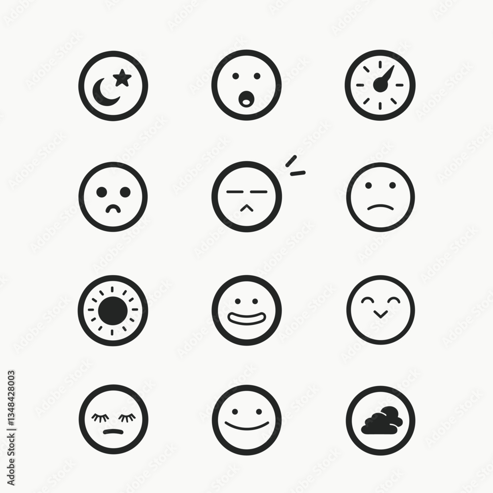 Poster collection of minimalistic emoji icons. icons feature various expressions and symbols, including a m
