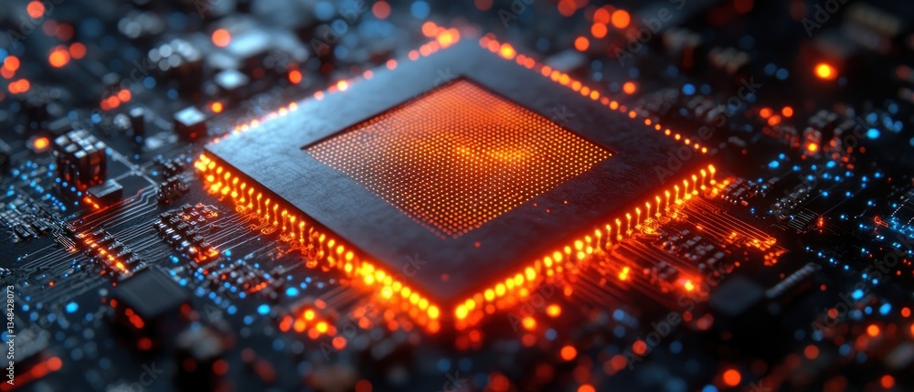 Poster futuristic microprocessor with intricate circuitry illuminated by vibrant lights