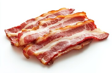 Obraz premium Crispy Cooked Bacon Strips on White Background Ideal for Breakfast, Brunch, Sandwiches, or Food Photography, Mouthwatering and Delicious Cooked Meats