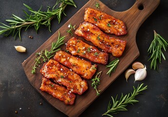 Crispy Cooked Bacon Strips on a Wooden Cutting Board Surrounded by Fresh Herbs and Garlic Cloves for Culinary and Food Photography