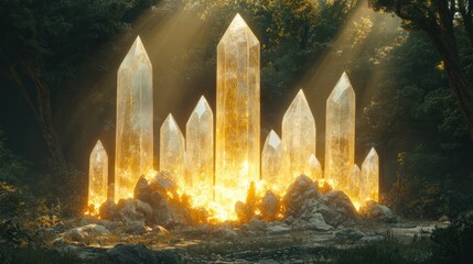 Mystical Sword Embedded in Glowing Crystals in a Radiant Forest