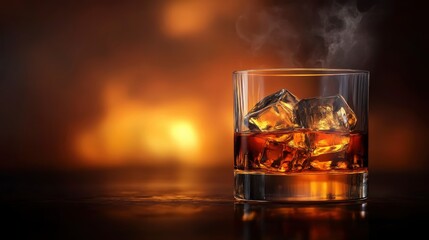 Whiskey Glass with Ice Cubes and Smoke on Dark Table Background