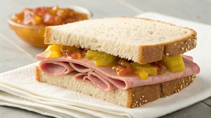 Delicious bologna sandwich layered with sweet relish on soft bread served with a side of relish
